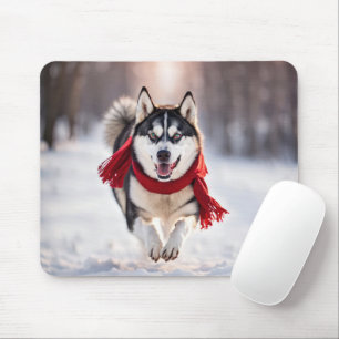 Husky Running With Red Scarf Mouse Mat