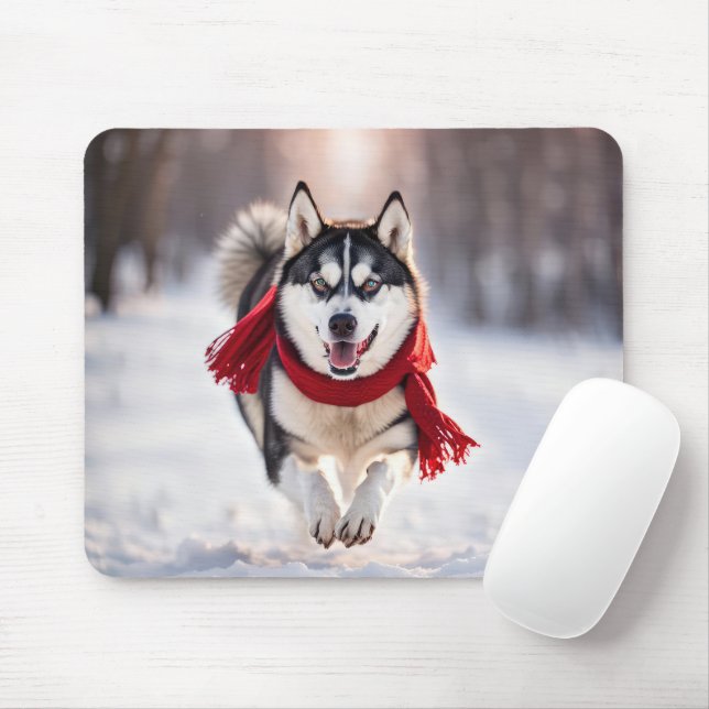 Husky Running With Red Scarf Mouse Mat (With Mouse)