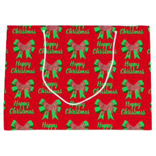 Husky Siberian Christmas Dog & Green Bow Large Gift Bag