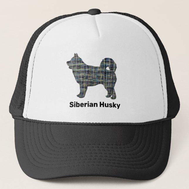 Husky Siberian Cute Dog Silhouette Grid Custom Trucker Hat (Front)