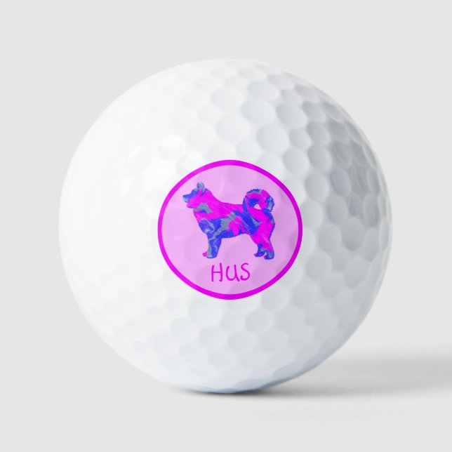 Husky Siberian Cute Pink Dog Silhouette Monogram Golf Balls (Front)