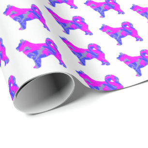 Husky Siberian Dog Silhouette Blue Pink White Wrapping Paper