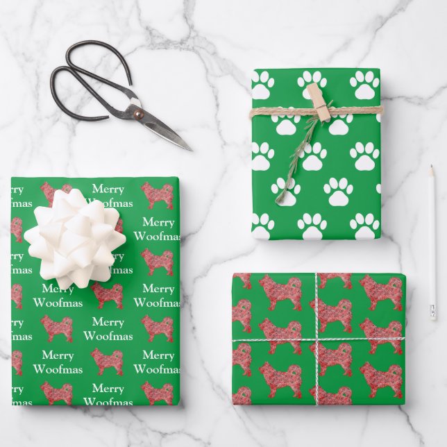 Husky Siberian Dog Silhouette Green Woofmas Wrapping Paper Sheet (Front)