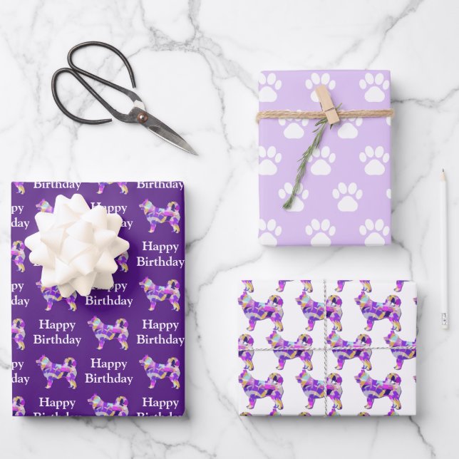 Husky Siberian Dog Silhouette Purple 3 Different Wrapping Paper Sheet (Front)