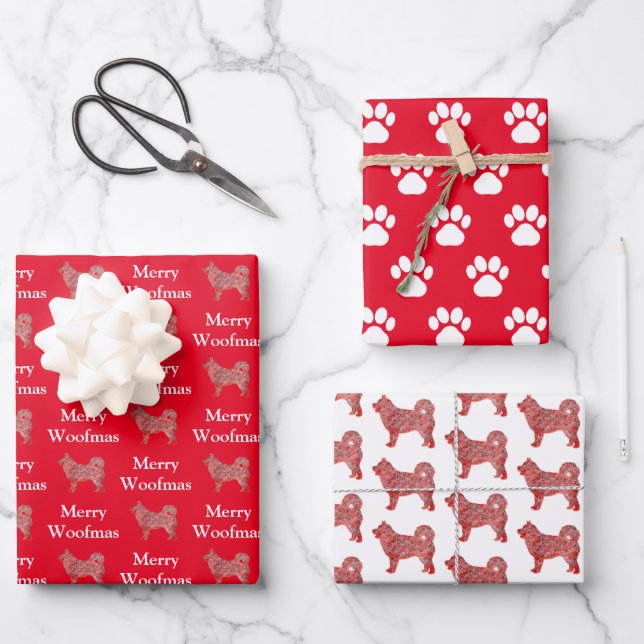 Husky Siberian Dog Silhouette White Woofmas Wrapping Paper Sheet (Front)