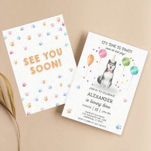 Husky Sibir Dog Pawty Puppy Birthday Pink  Invitation