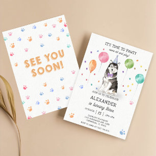 Husky Sibir Dog Pawty Puppy Birthday Pink  Invitation
