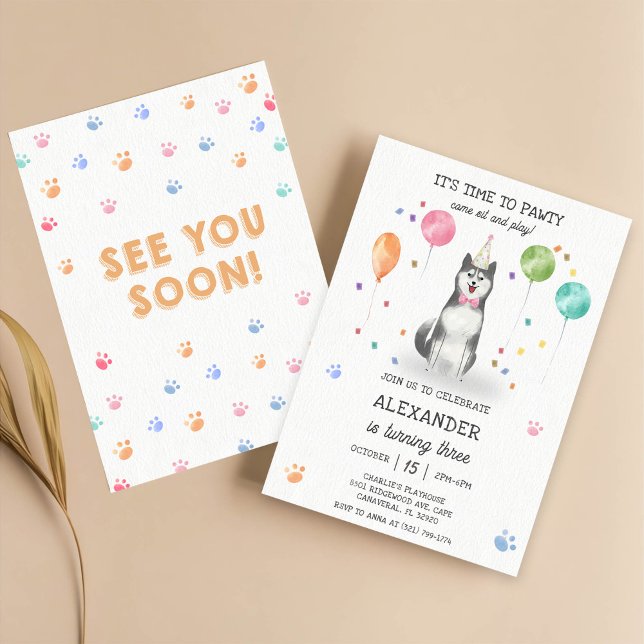 Husky Sibir Dog Pawty Puppy Birthday Pink  Invitation (Creator Uploaded)