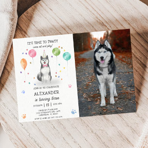Husky Sibir Dog Pawty Puppy Birthday Pink Photo Invitation