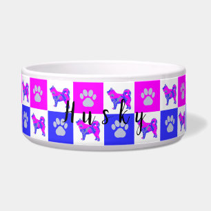 Husky Silhouette Dog & Paw Hot Pink &Blue Pet Bowl