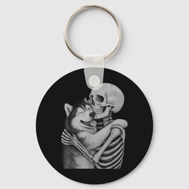 Husky Skeleton Hug Halloween Dog Lover Key Ring (Front)