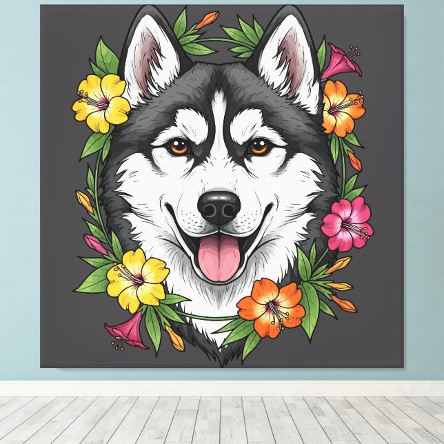 Husky Sled Dog And Colourful Mirablis Flowers Canvas Print (Insitu(Wood Floor))