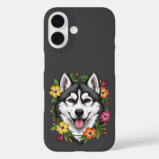 Husky Sled Dog And Colourful Mirablis Flowers Case-Mate iPhone Case (Back)