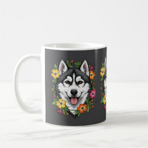 Husky Sled Dog And Colourful Mirablis Flowers Coffee Mug