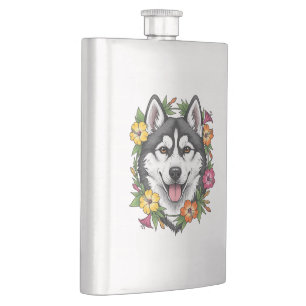Husky Sled Dog And Colourful Mirablis Flowers Hip Flask