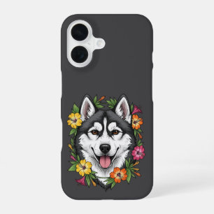 Husky Sled Dog And Colourful Mirablis Flowers iPhone 16 Case