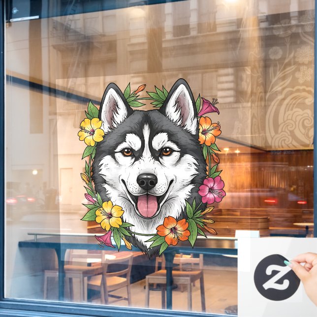Husky Sled Dog And Colourful Mirablis Flowers Window Cling (Cafe Window)