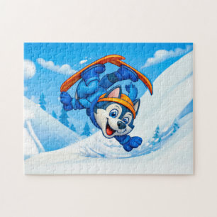 Husky Spinning on Skis on a Snowy Slope Jigsaw Puzzle