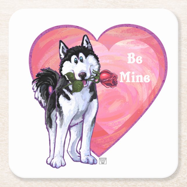 Husky Valentine's Day Square Paper Coaster (Front)
