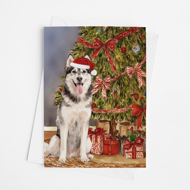 Husky Watercolor Under the Christmas Tree Card (Creator Uploaded)