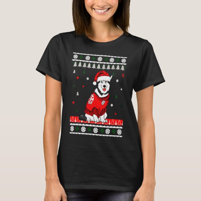 Husky Wearing Santa Hat Tree T-Shirt (Front)
