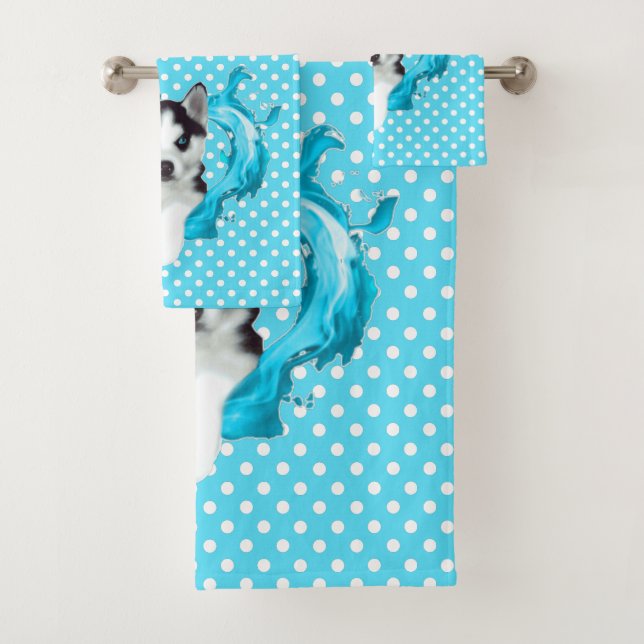 Husky Welpe Blue Heart Points Bath Towel Set (Insitu)