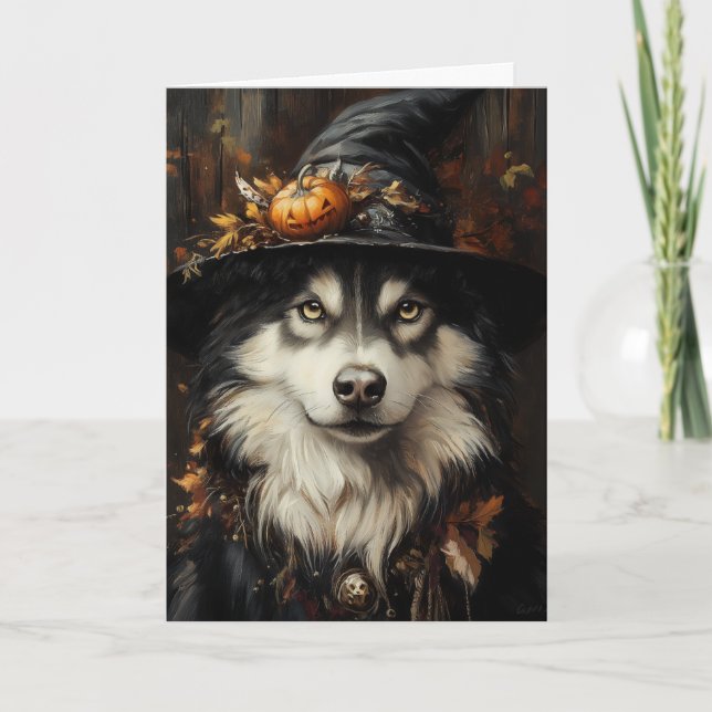 Husky Witch Halloween Holiday Card (Front)