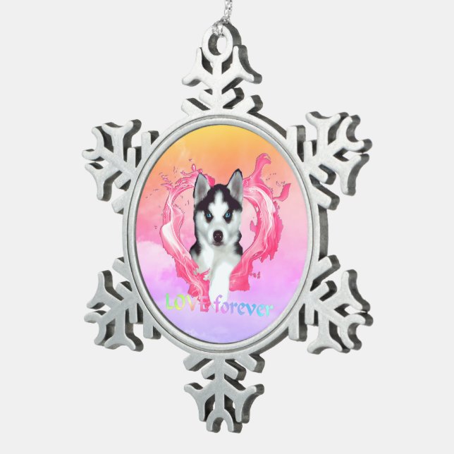 Huskywelpe with heart pink bitch love forever snowflake pewter christmas ornament (Right)