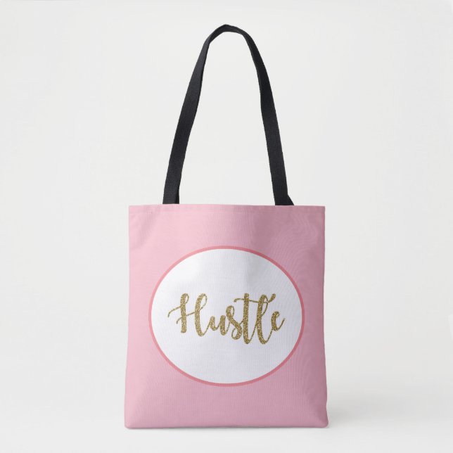 Hustle, gold glitter, pink, stylish and modern tote bag (Front)