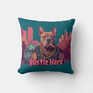 Hustle Hard - Pitbull Dog with Money and Cigar Cushion