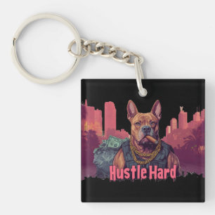 Hustle Hard -  Pitbull Dog with Money and Cigar Key Ring