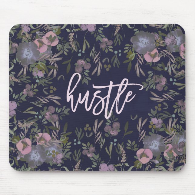 Hustle | Navy Blue with Modern Smoky Florals Mouse Mat (Front)