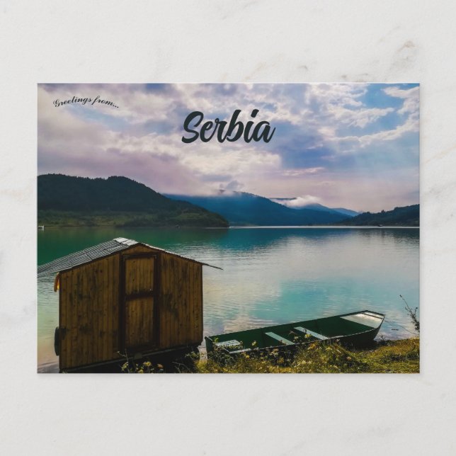 Hut and Boat on Lake Zavoj Serbia Postcard (Front)