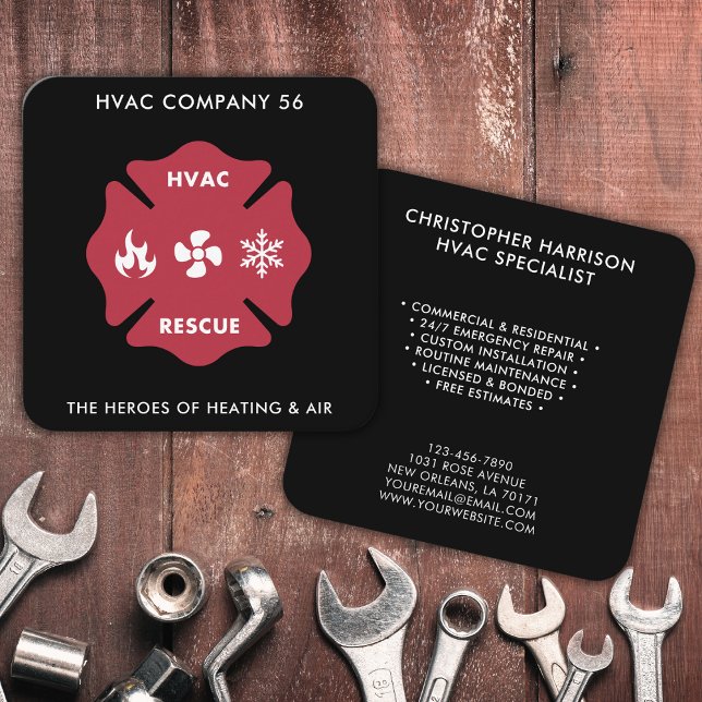 HVAC Heating Cooling Specialists Modern Black Red Square Business Card (Fully editable to fit your needs. Logo can be replaced & colors changed.)