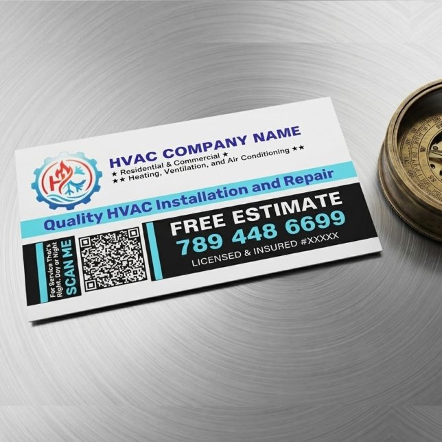 HVAC Service (Custom Logo, Name, Qr Code, Slogan) Magnetic Business Card (HVAC business card magnets, custom magnets for contractors, fridge magnet with QR code)