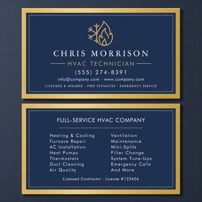 HVAC Technician Navy Blue Gold Metallic Business Card (Creator Uploaded)