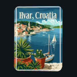 Hvar Croatia Magnet<br><div class="desc">A captivating and nostalgic depiction of Hvar, Croatia, known for its stunning Adriatic coastline, vibrant nightlife, and historical charm. The design captures the island's crystal-clear turquoise waters, picturesque harbour, and ancient stone buildings nestled along the shoreline. Rendered in a vintage style, the artwork evokes the serene beauty and lively atmosphere...</div>