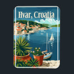 Hvar Croatia Magnet<br><div class="desc">A captivating and nostalgic depiction of Hvar, Croatia, known for its stunning Adriatic coastline, vibrant nightlife, and historical charm. The design captures the island's crystal-clear turquoise waters, picturesque harbour, and ancient stone buildings nestled along the shoreline. Rendered in a vintage style, the artwork evokes the serene beauty and lively atmosphere...</div>