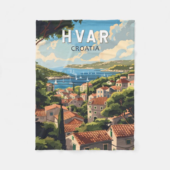 Hvar Croatia Travel Art Vintage Fleece Blanket (Front)