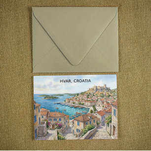 Hvar Croatia Watercolor Panorama View Travel Postcard