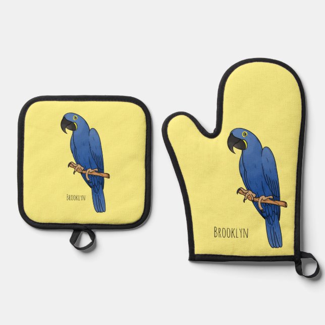 Hyacinth macaw bird cartoon illustration  oven mitt & pot holder set (Front)