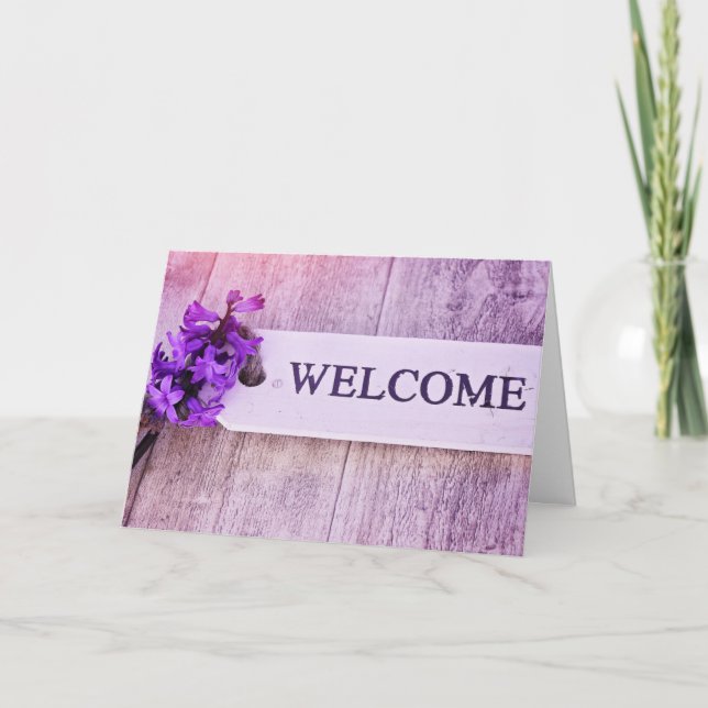 Hyacinth Purple Wood Sign Spring Floral Welcome Card (Front)