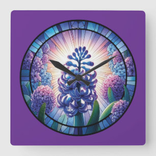 Hyacinth Stained Glass Art Square Wall Clock