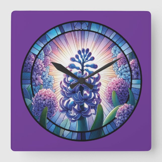 Hyacinth Stained Glass Art Square Wall Clock (Front)