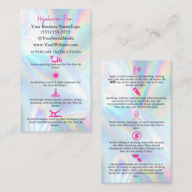 Hyaluron Pen Filler Aftercare Instruction Cards (Front/Back)