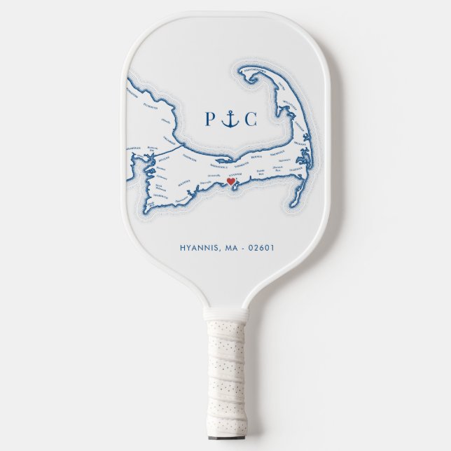 Hyannis MA Map Navy Blue Monogram Pickleball Paddle (Front)
