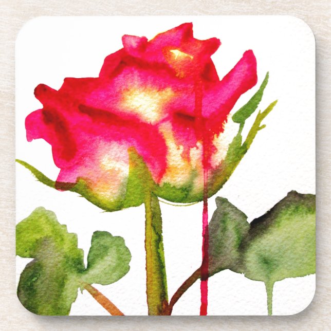 Hybrid Tea Rose watercolor modern flower art Coaster (Front)