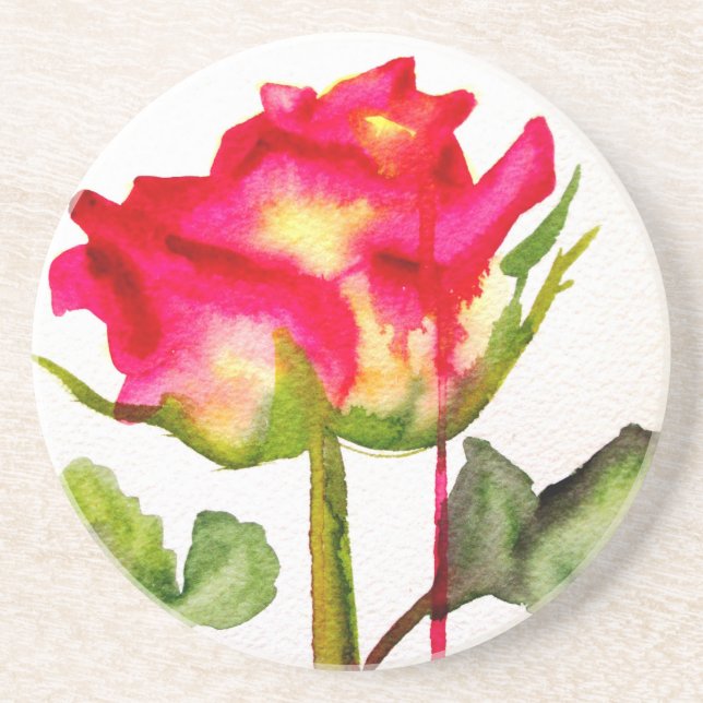 Hybrid Tea Rose watercolor modern flower art Coaster (Front)