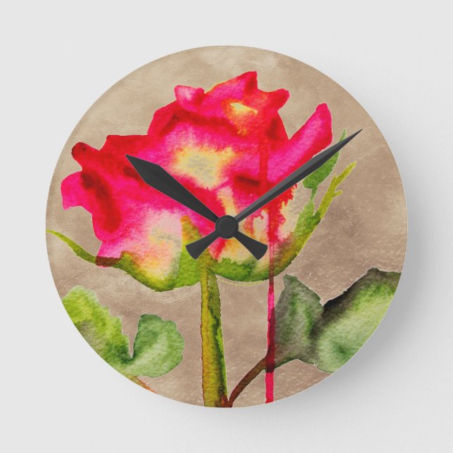 Hybrid Tea Rose watercolour modern flower art Round Clock (Front)