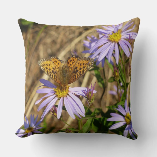 Hydaspe Fritillary on Purple Aster Flowers Cushion (Front)